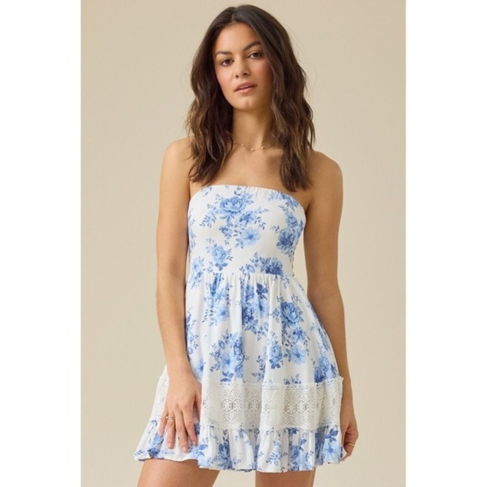 Altar'd State Blue Floral Strapless Corset Back Lace Mini Dress Size Small NWT